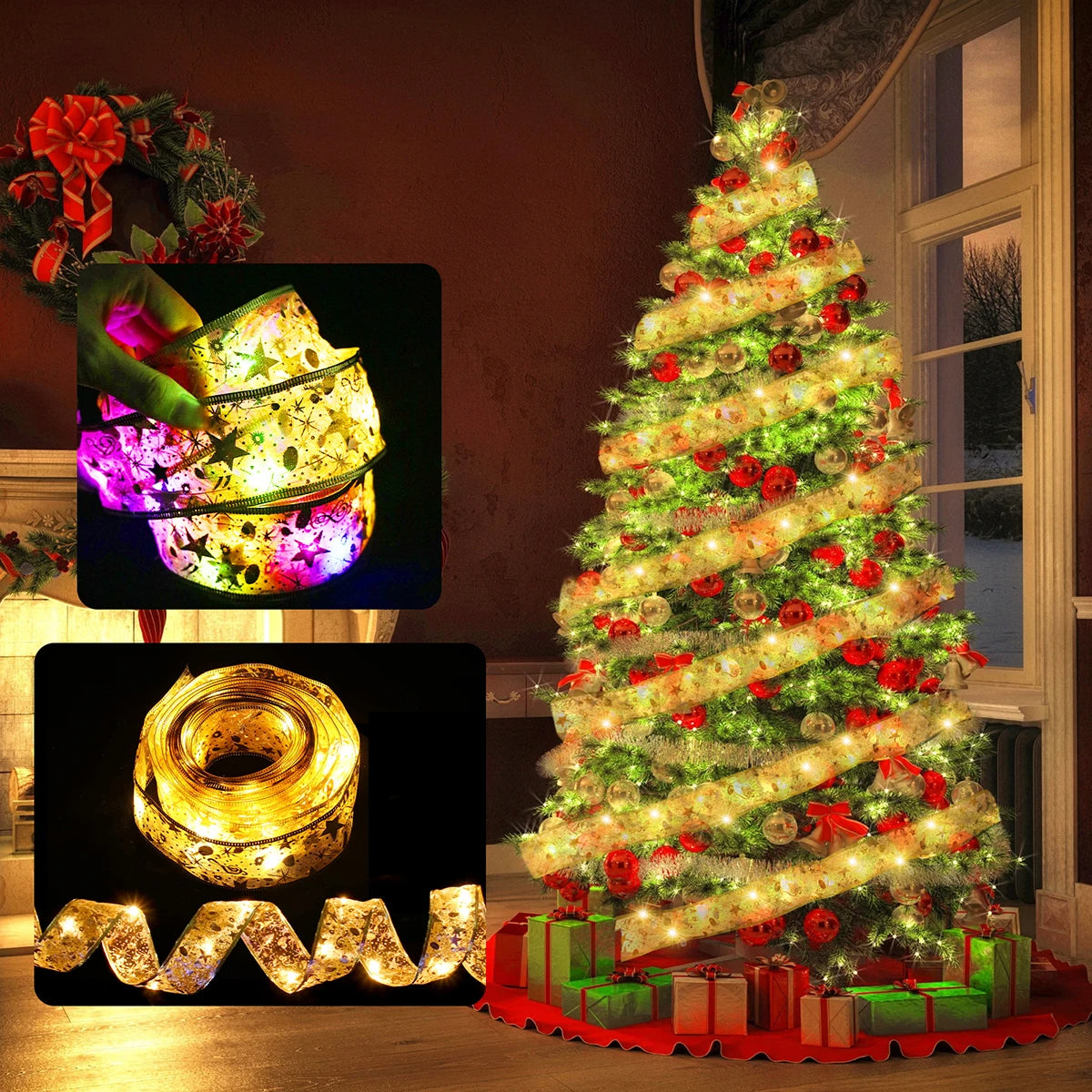 Christmas ribbon fairy lights